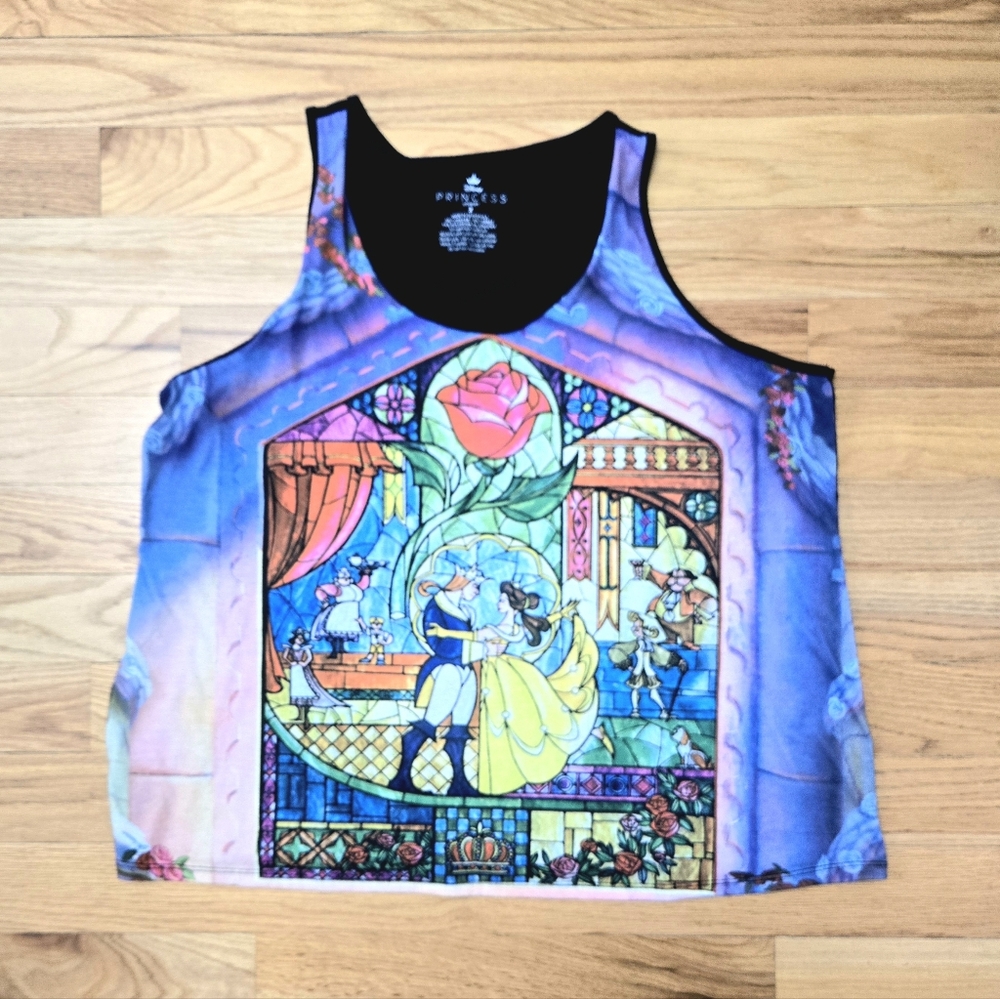 PLUS SIZE Disney Beauty and the Beast Art Print Tank - Blue and Yellow